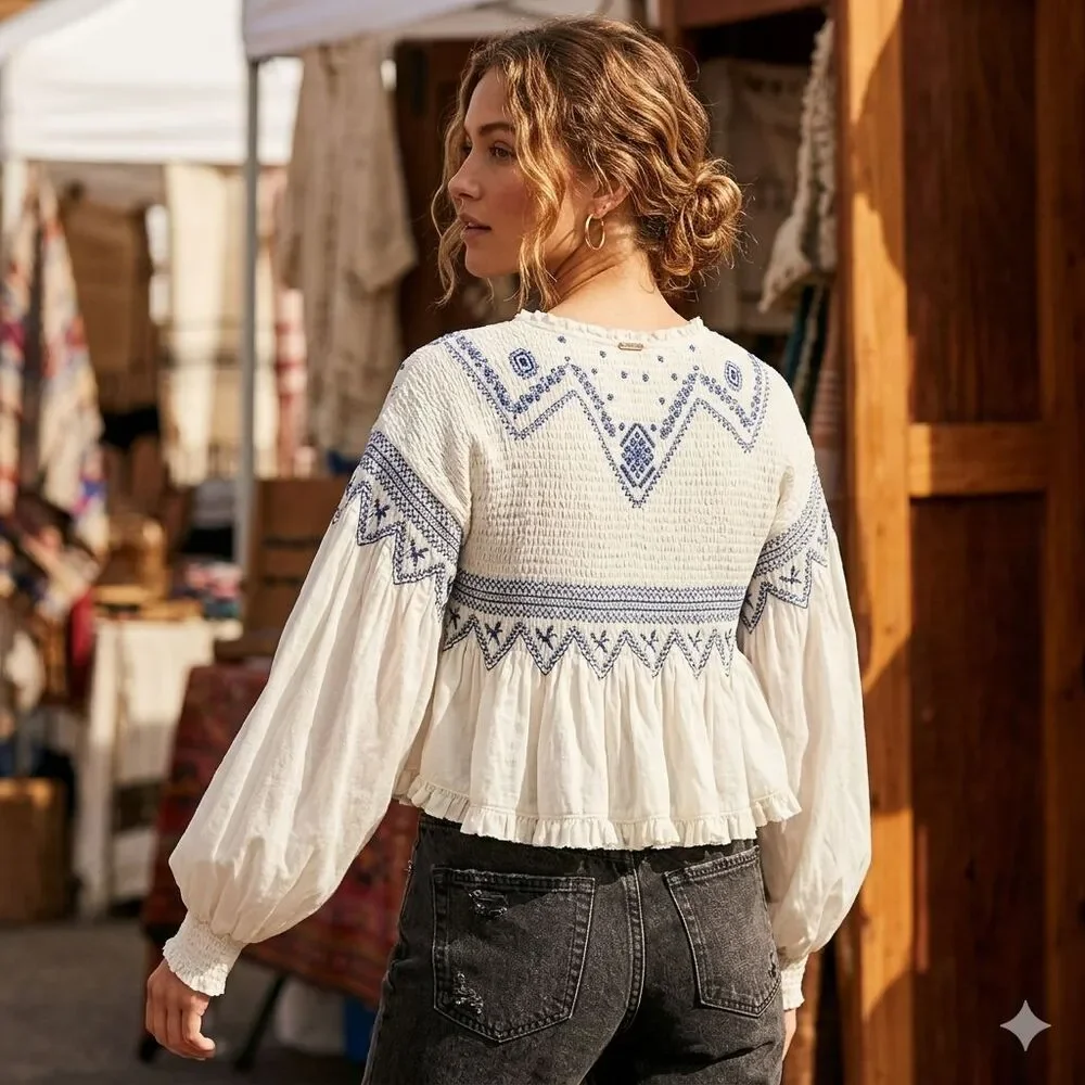 Free People Holly Embroidered Smocked White/Blue Women's Size L Boho Peasant Top